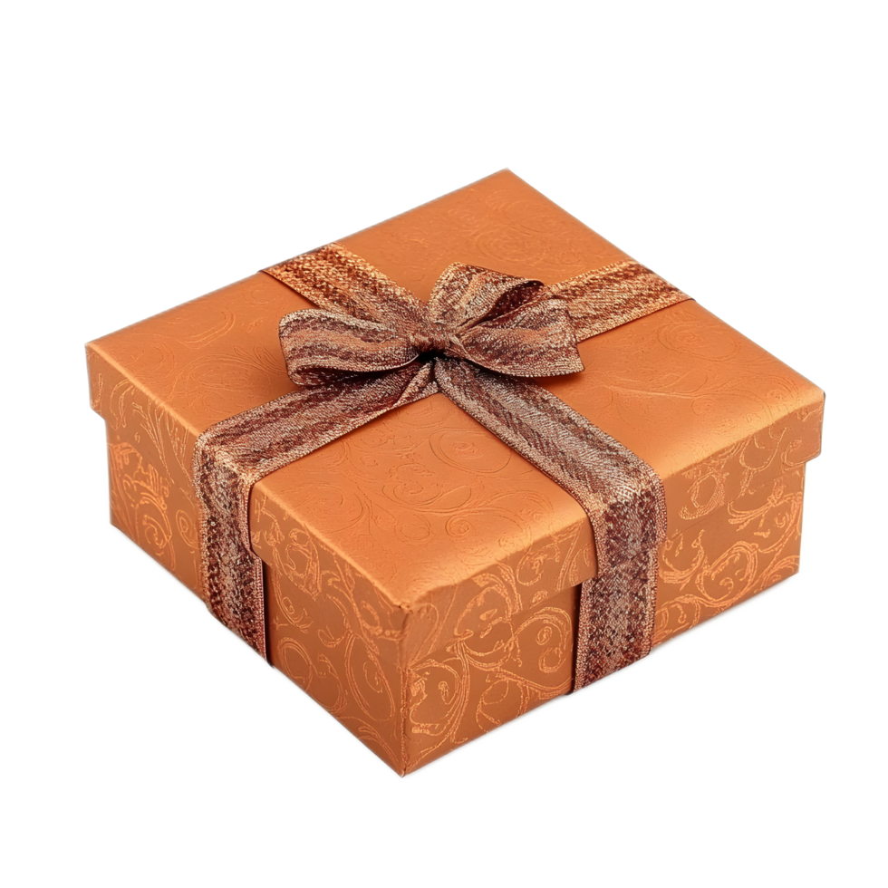 Beautifully Wrapped Orange Gift Box with Ribbon and Bow for Holidays or Special Occasions png