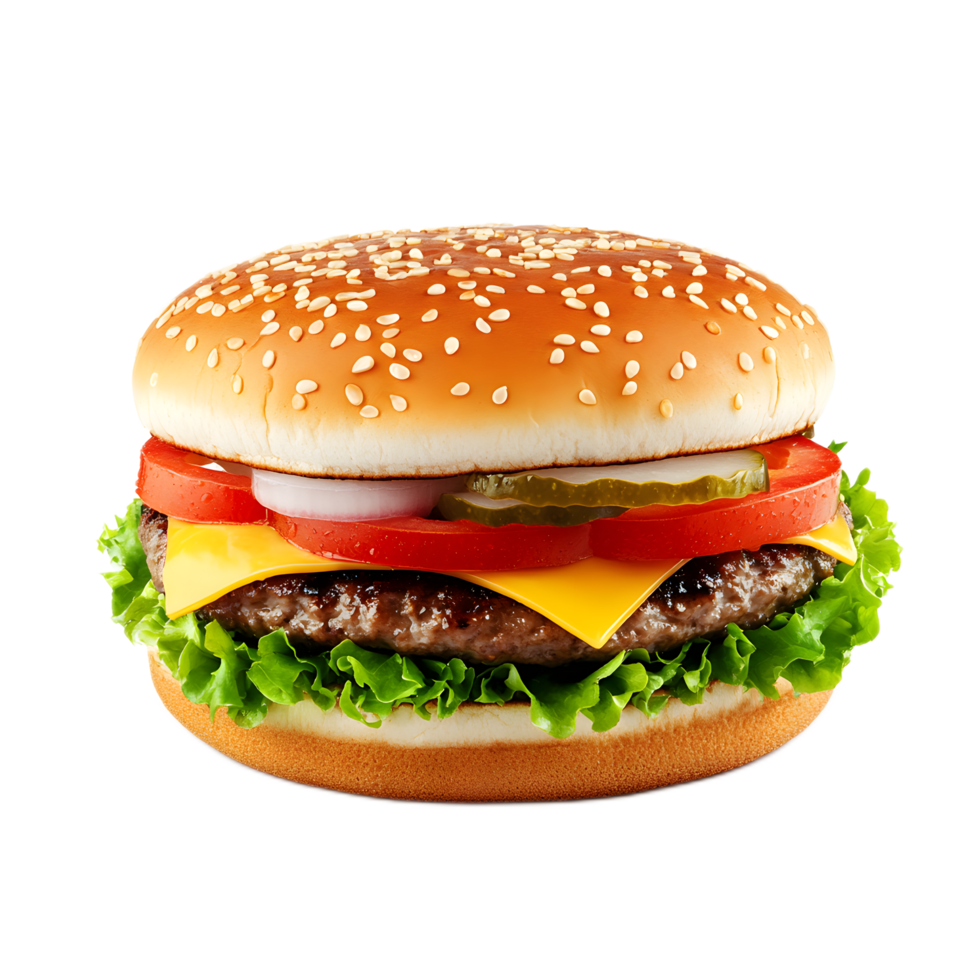 Mouthwatering Cheeseburger with Fresh Toppings on Sesame Buns png