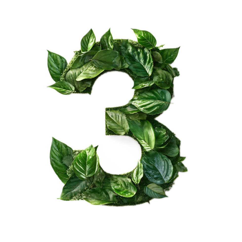 Green Leaf Forming Number Three Surrounded by Foliage in Nature-Inspired Design png