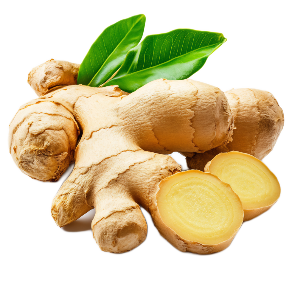 Fresh Ginger Root with Green Leaves Showcased for Culinary and Wellness Purposes png