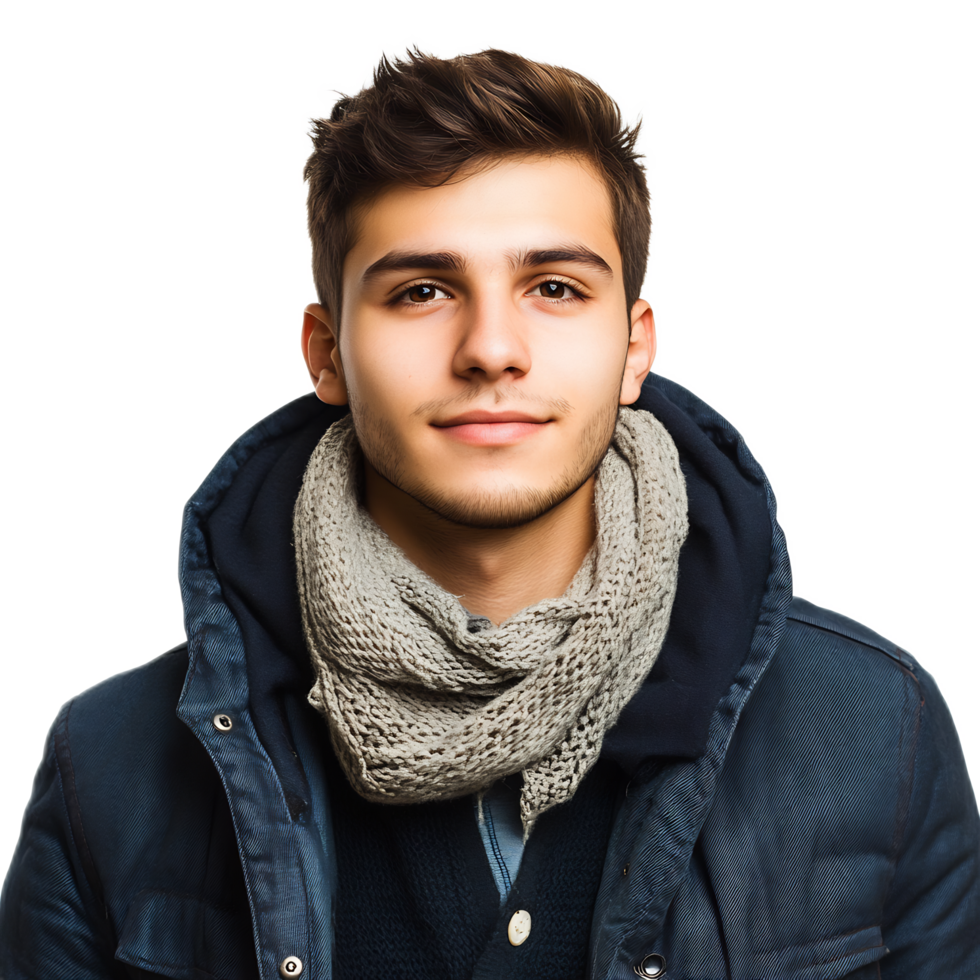 Handsome Young Man Wearing Warm Winter Jacket and Scarf Outdoors png