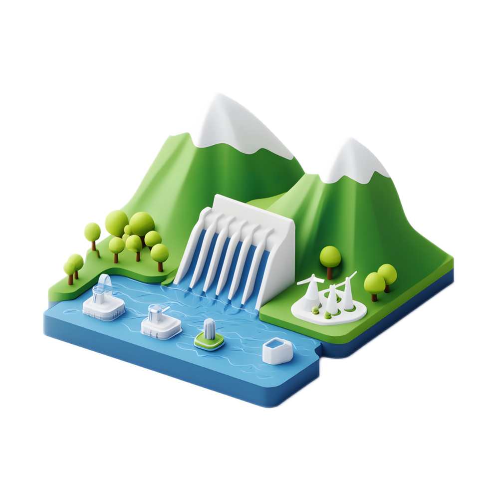 Stylized Hydropower Dam Icon Depicting Renewable Energy in Mountainous Landscape png