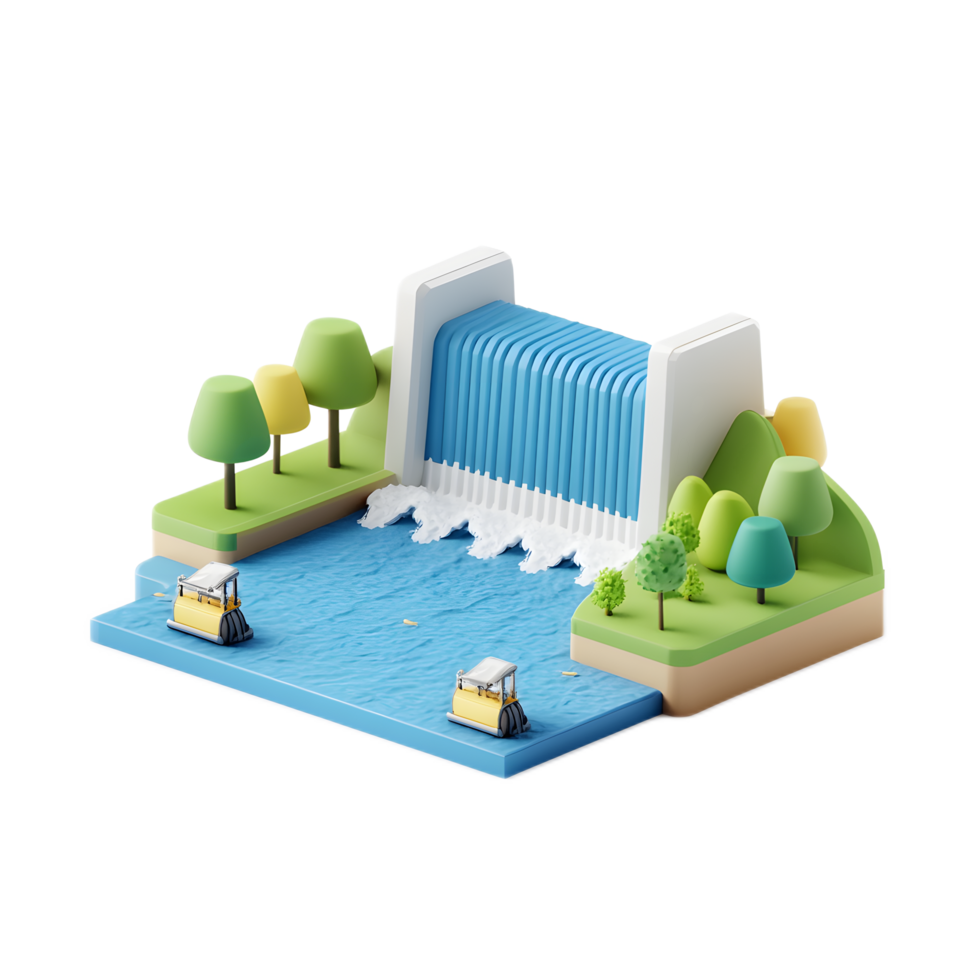 Hydroelectric Dam On River With Flowing Waterfall And Scenic Nature Landscape png