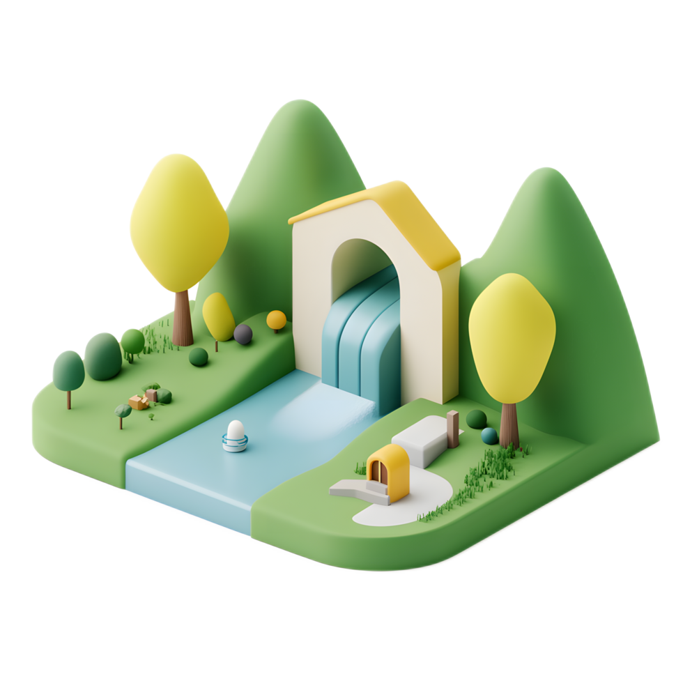 Minimalist Landscape with Waterfall and Mountain Scenery in Green Tones png