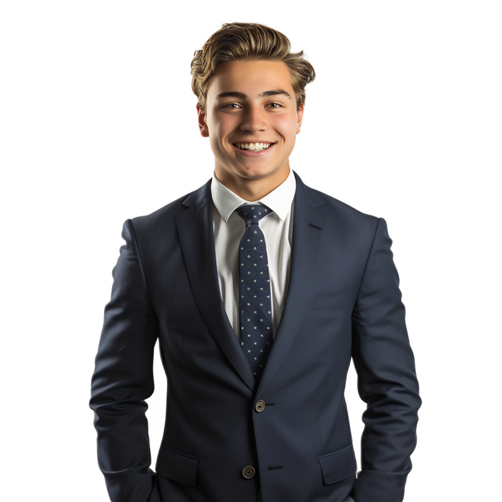 Handsome young businessman in suit and tie smiling confidently at in office setting png