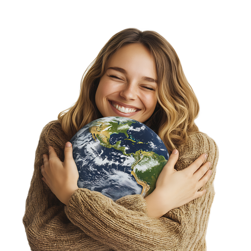 Joyful Woman Embracing the Earth - Environmental Sustainability and Global Responsibility Concept png
