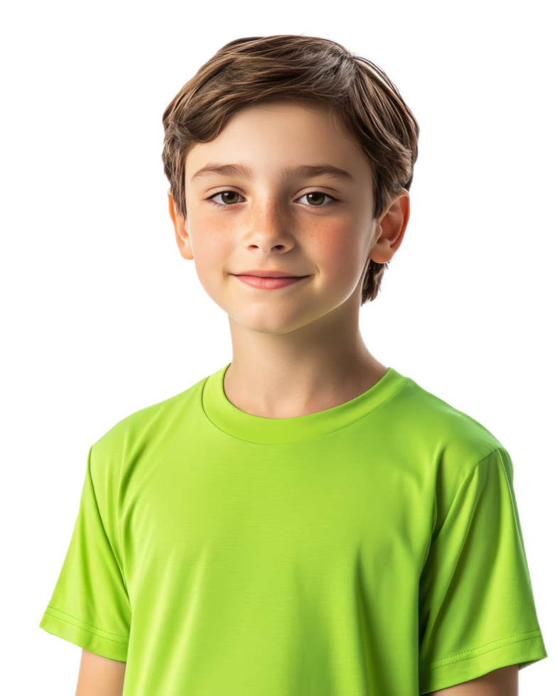 Cheerful Young Boy in Green Shirt Smiling Happily in Studio Environment png