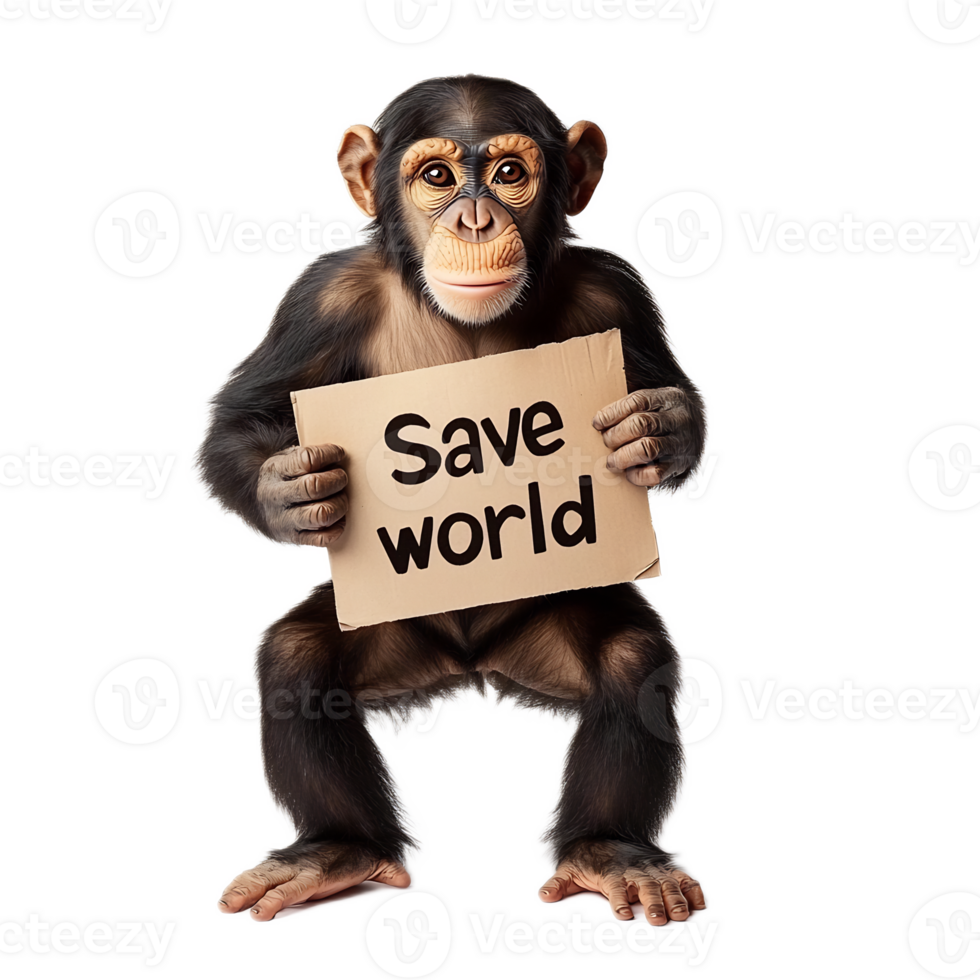 Thoughtful Chimpanzee Holds Save World Protest Sign for Environmental Conservation png