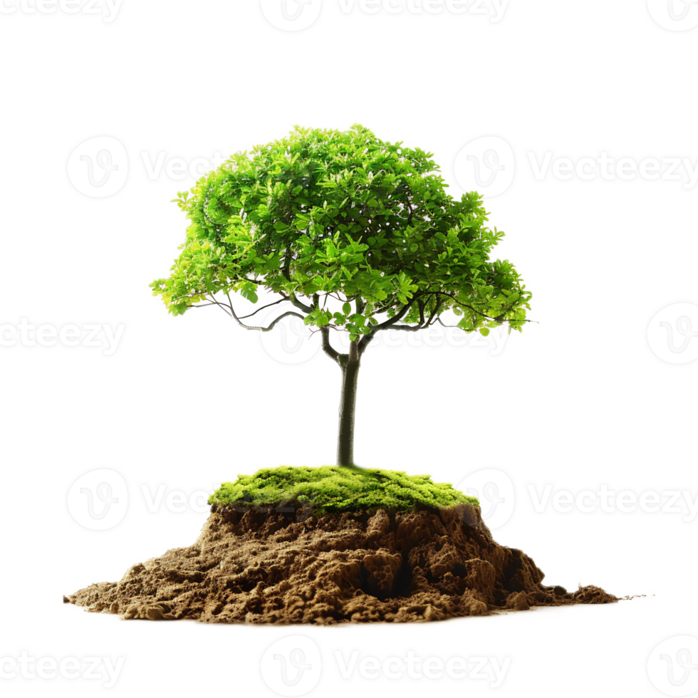 Lush Green Tree Growing on Earthy Mound in Serene Outdoor Setting png