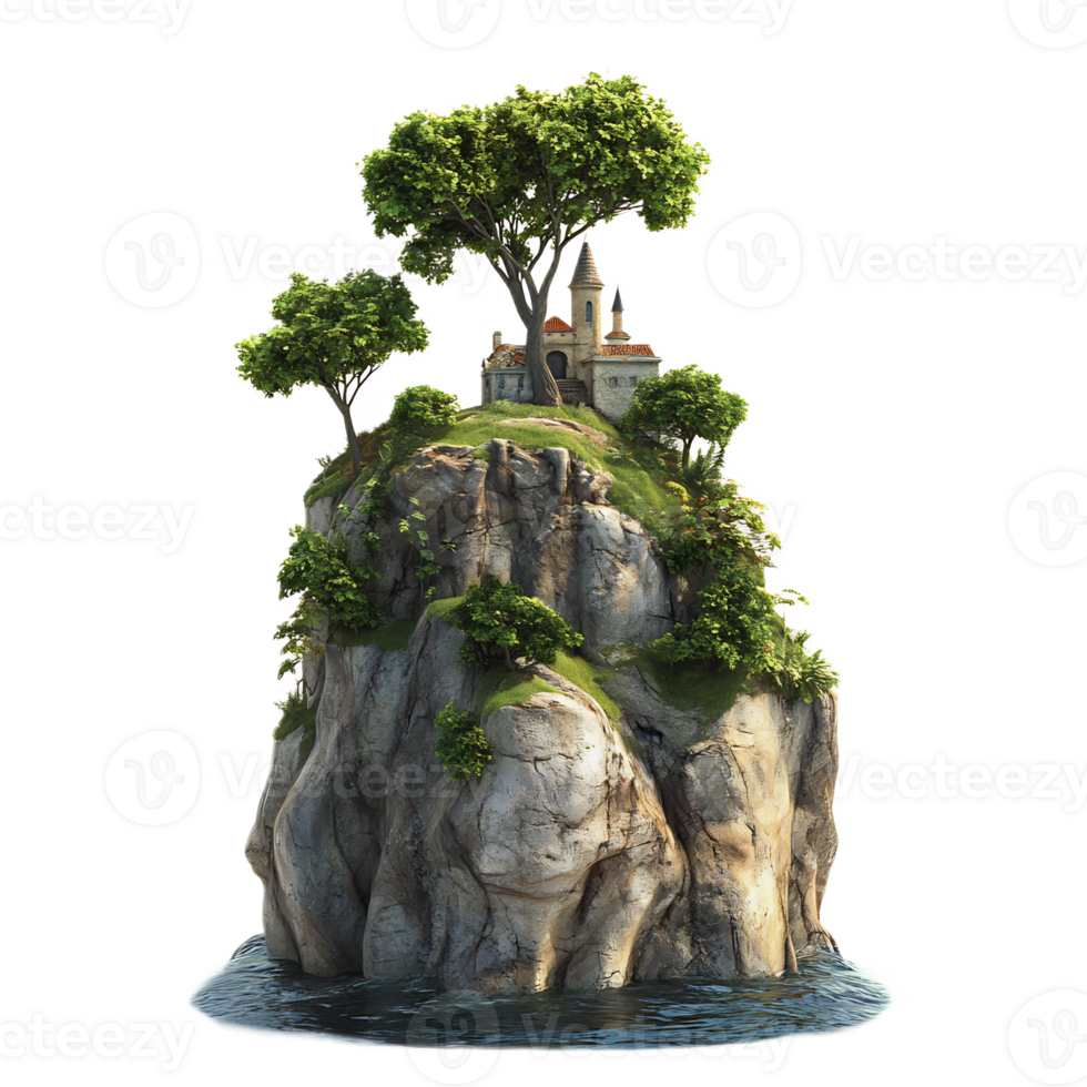 Magical Floating Island with Castle in Lush Fantasy Landscape png