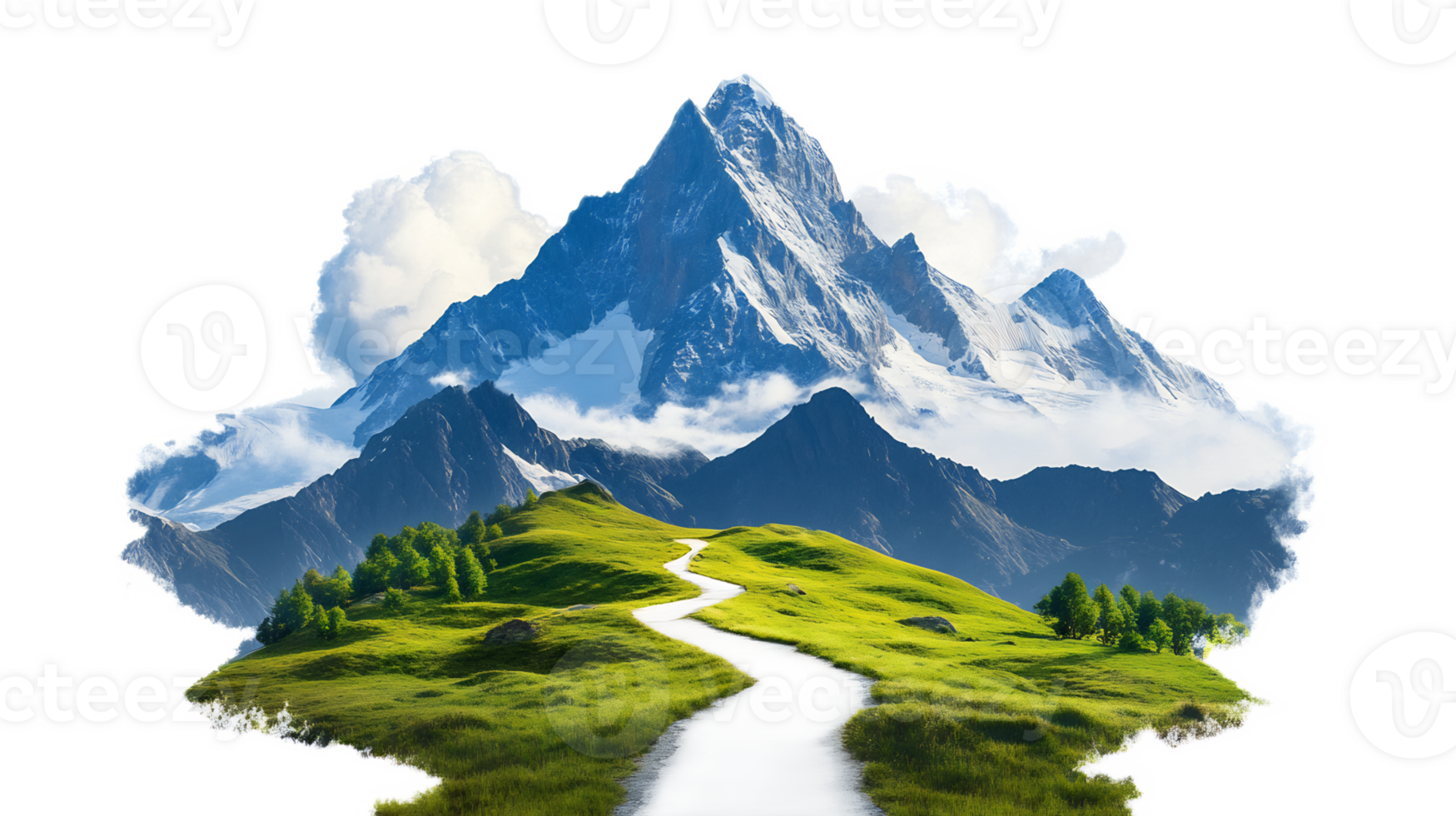 Majestic Snow-Capped Mountain Landscape with Winding Path Through Lush Green Meadow png