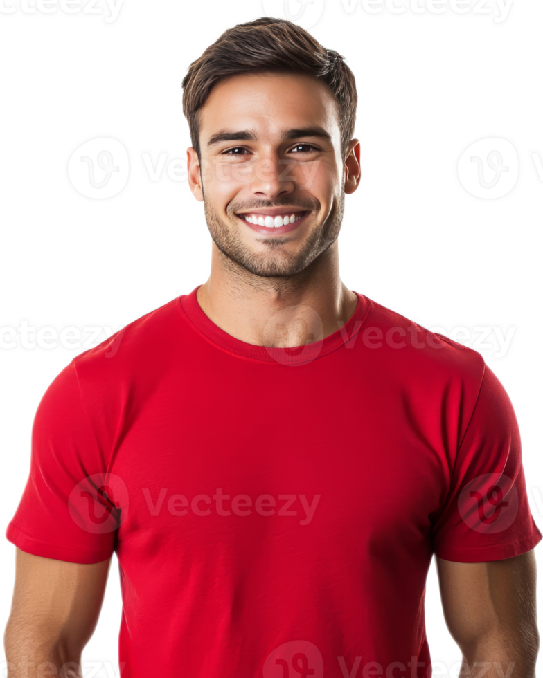 Confident and Friendly Young Man in Red Shirt Smiling Happily at the png