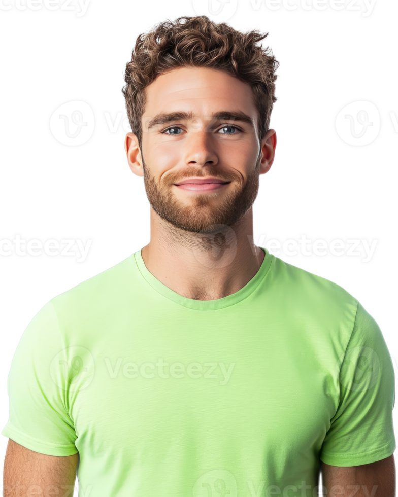 Confident and friendly young adult male model with curly hair and beard wearing green t shirt posing against white background png