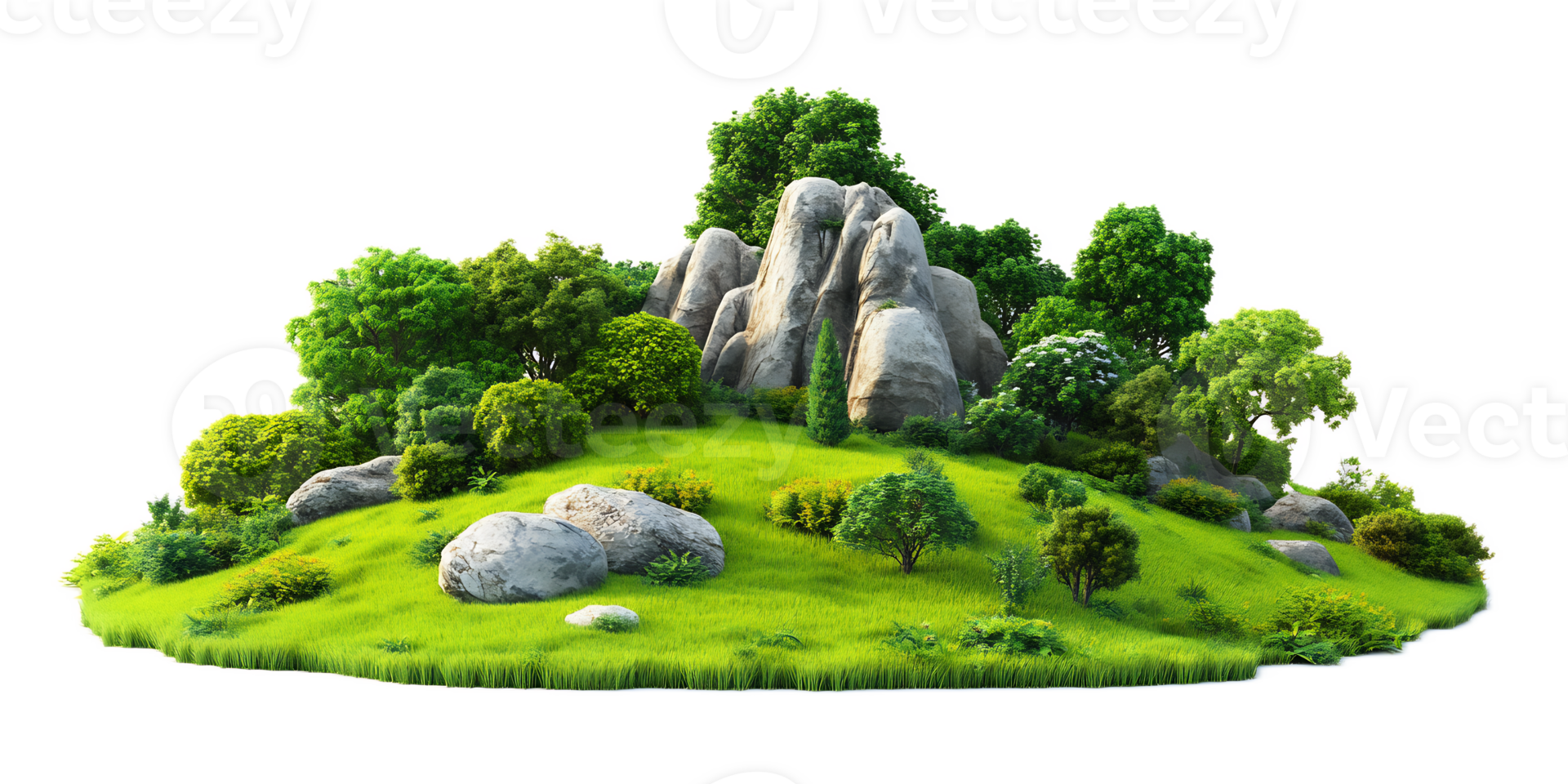 Lush Green Landscape with Rocky Outcrop and Flourishing Foliage in Idyllic Natural Setting png
