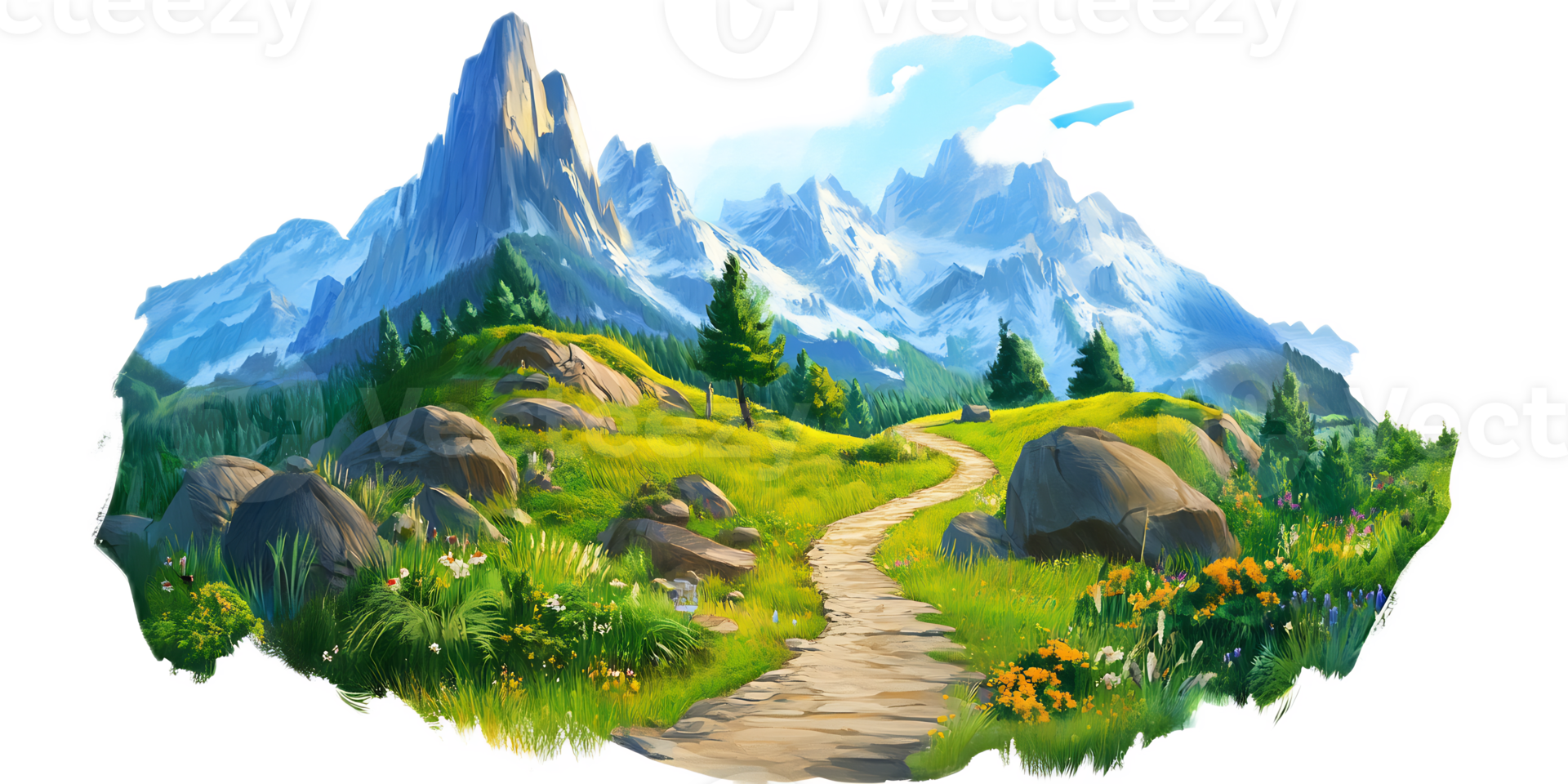 Majestic Mountain Landscape with Winding Path Through Lush Meadow and Forest png
