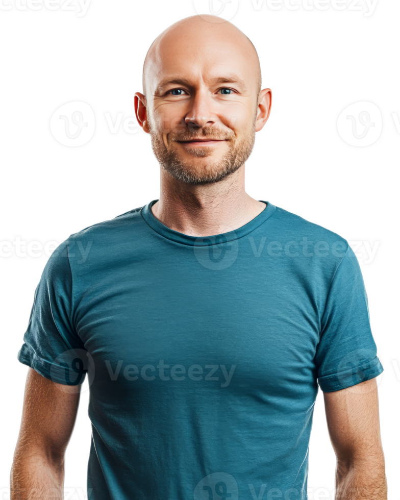 Confident Smiling Bald Man in Blue Shirt Against White Background png