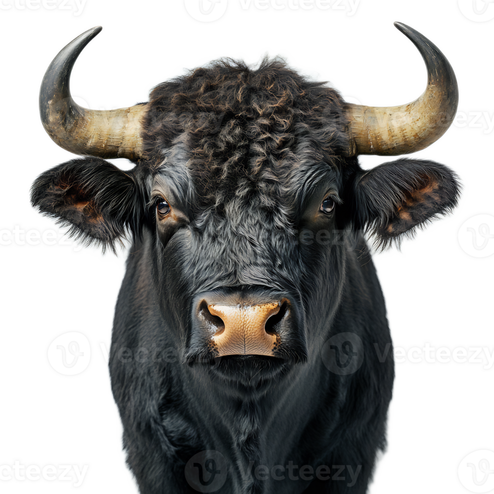 Majestic Black Bull with Prominent Horns in Pastoral Countryside Scene png
