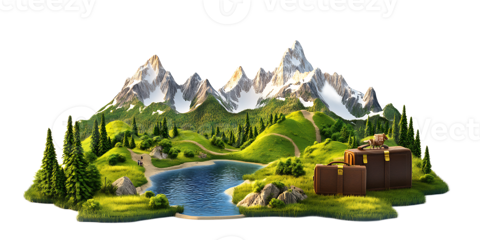 Majestic Mountain Landscape with Serene Lake and Cascading Waterfall in Lush Forest Wilderness png