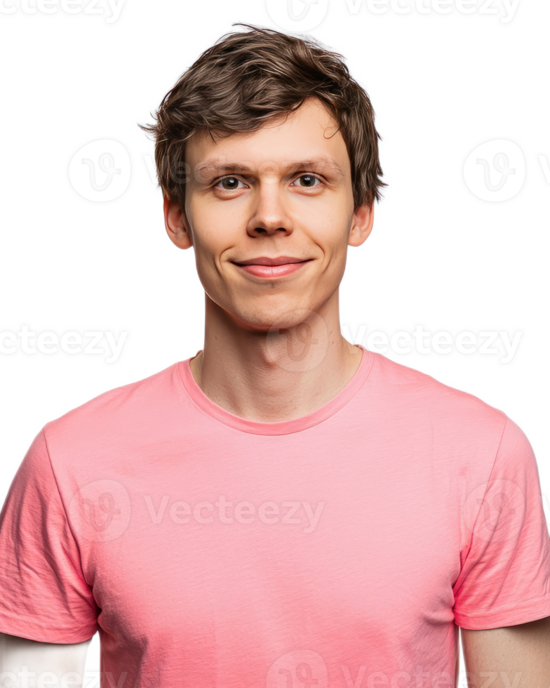 Confident young man in pink shirt smiling at with friendly expression png