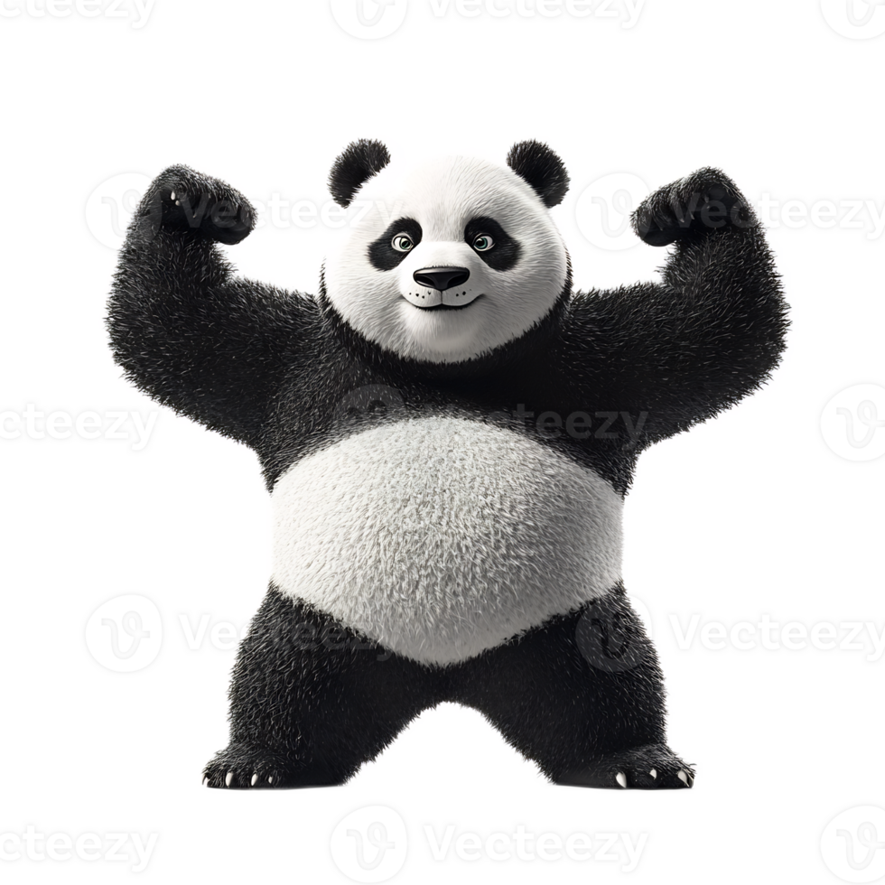 Enthusiastic Panda Character Displaying Muscular Arms, Symbolizing Physical and Emotional Strength png
