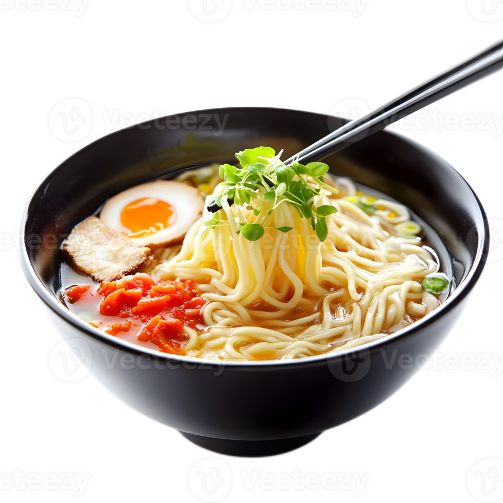 Steaming Hot Bowl of Delicious Ramen Noodle Soup with Vegetables and Soft Boiled Egg png