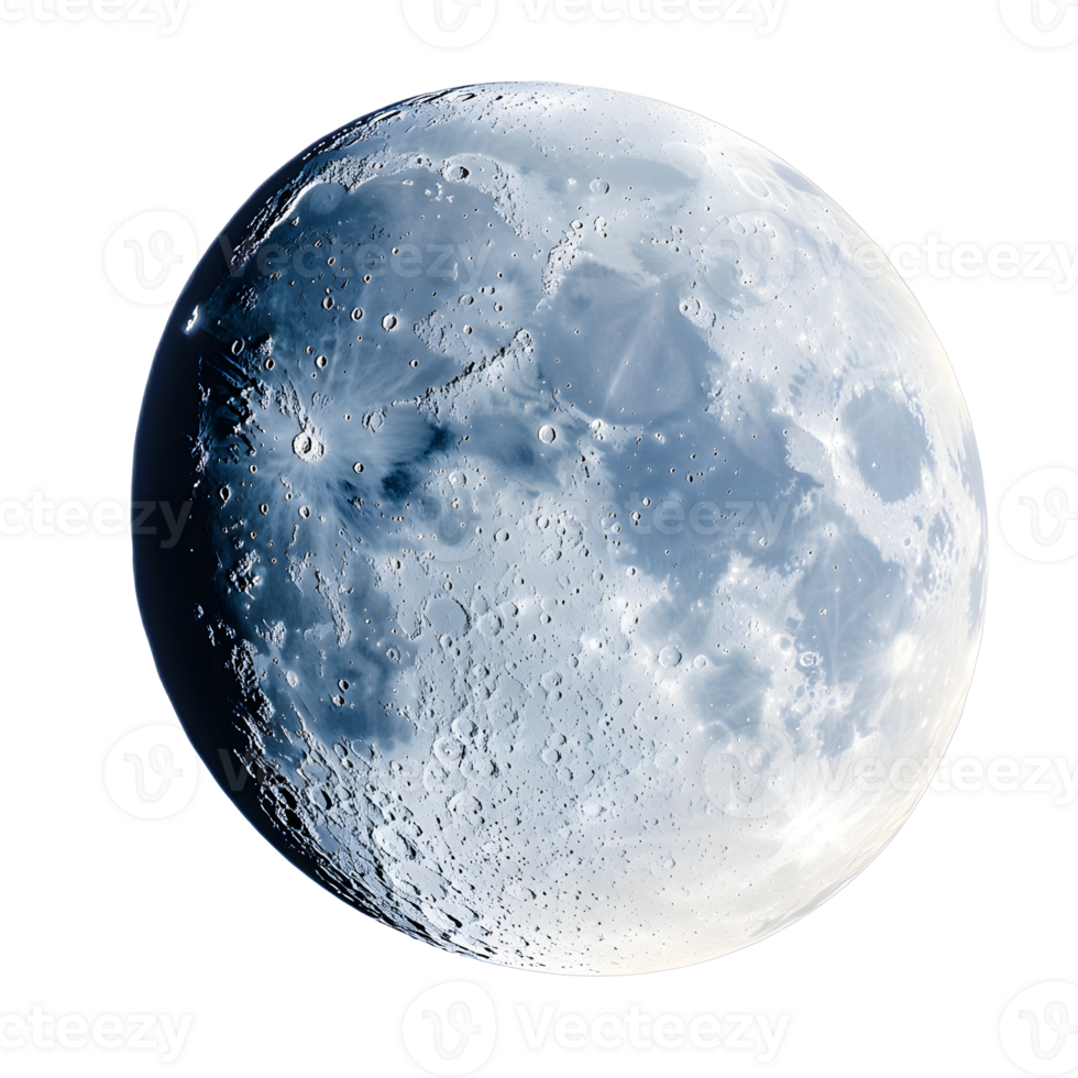 Detailed view of the waxing gibbous moon with its craters and surface features illuminated against the dark night sky png