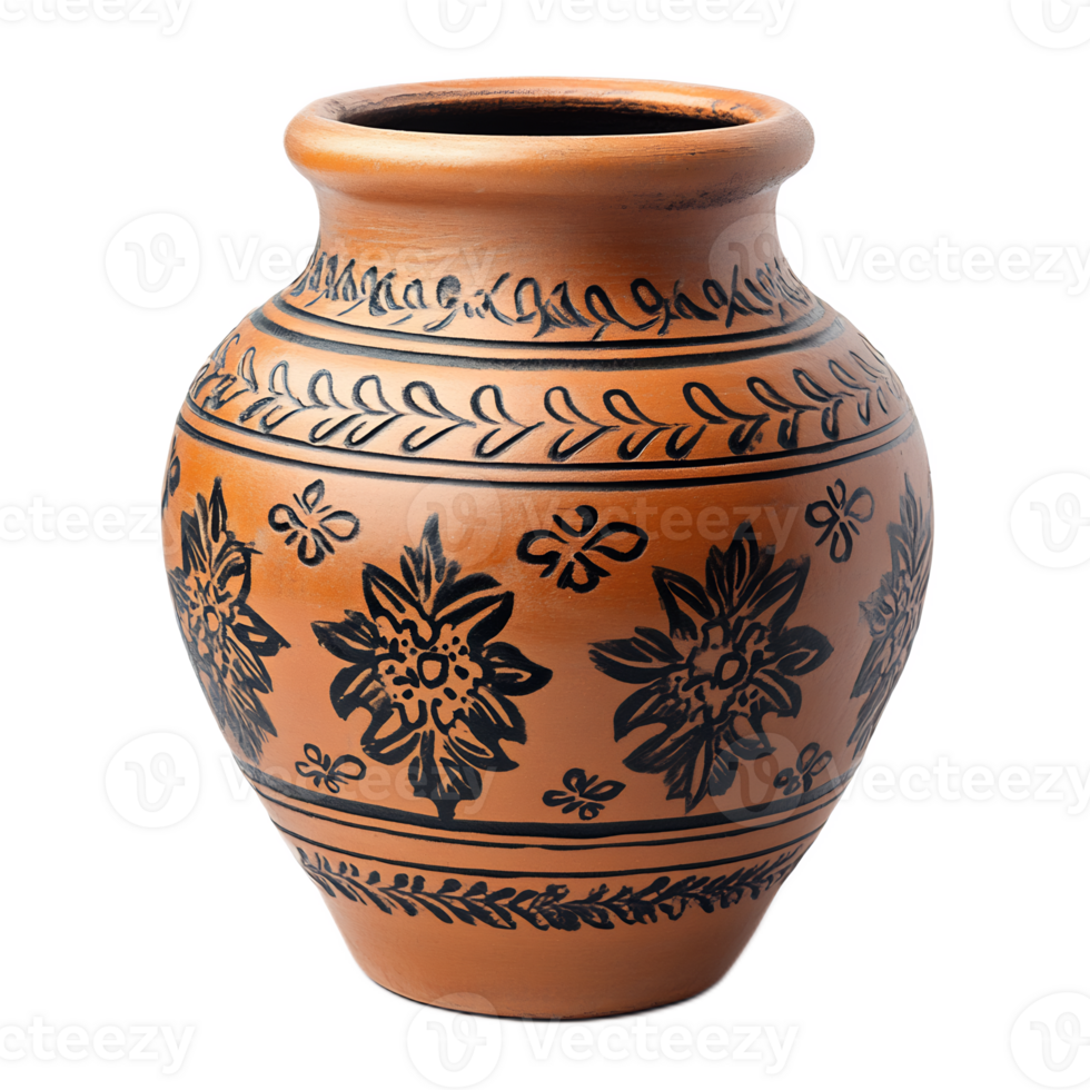 Ornate Terracotta Pottery Vase with Floral Patterns in Traditional Ethnic Style png