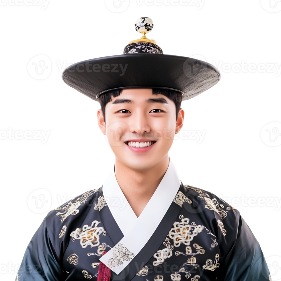Smiling Young Man Wearing Ornate Korean Traditional Costume with Headpiece png