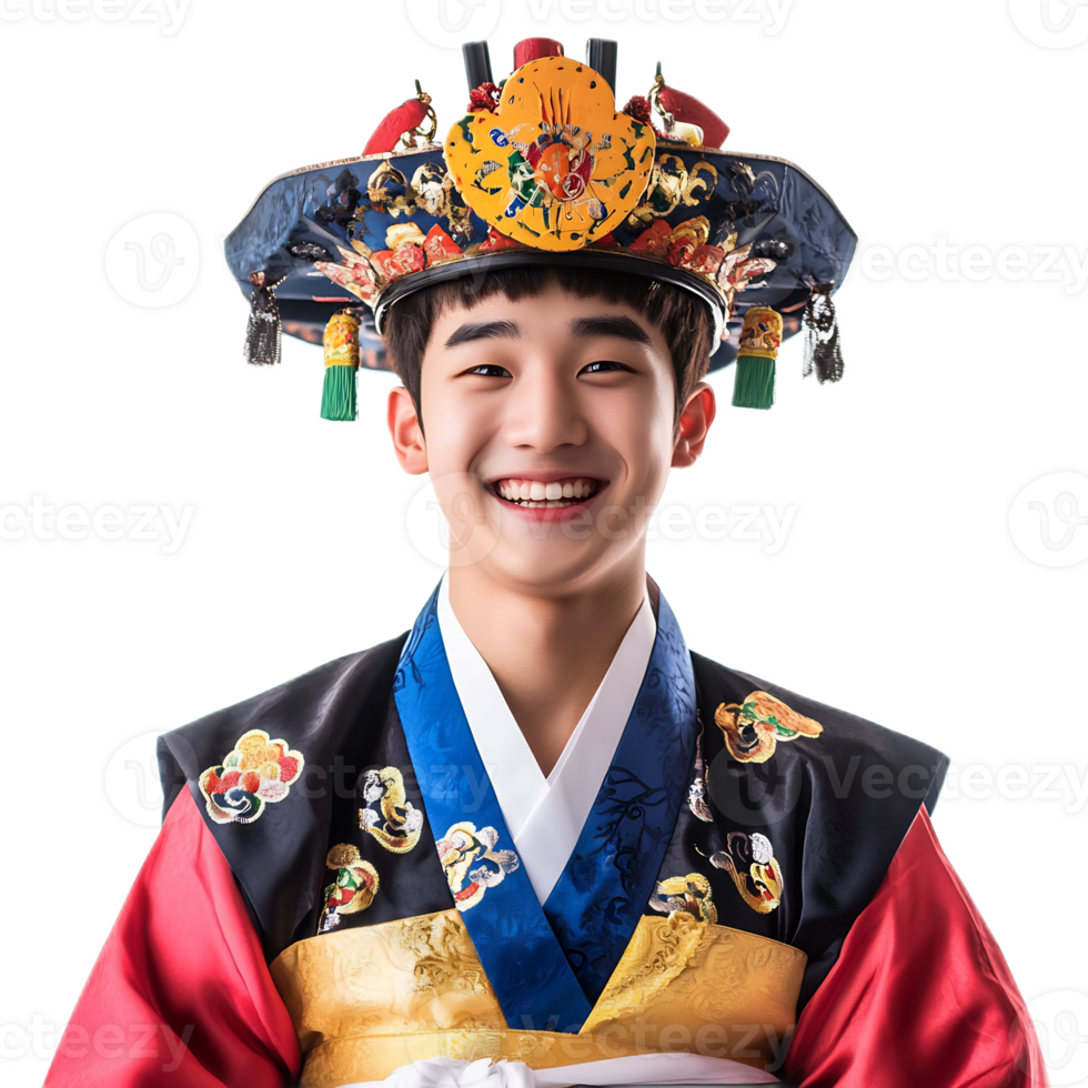 Cheerful young man in traditional Korean attire with vibrant headpiece showcasing cultural heritage and festive style png