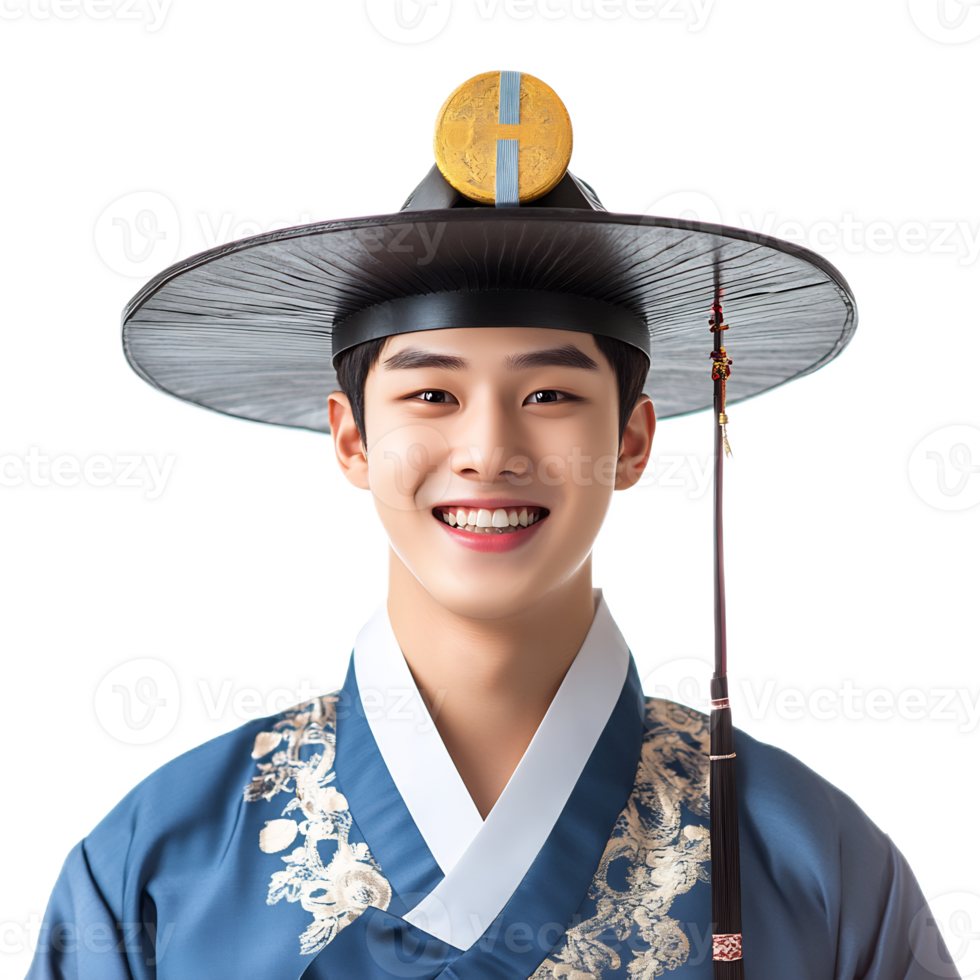 Smiling Young Korean Wearing Traditional Hanbok Costume with Celebratory Headwear png