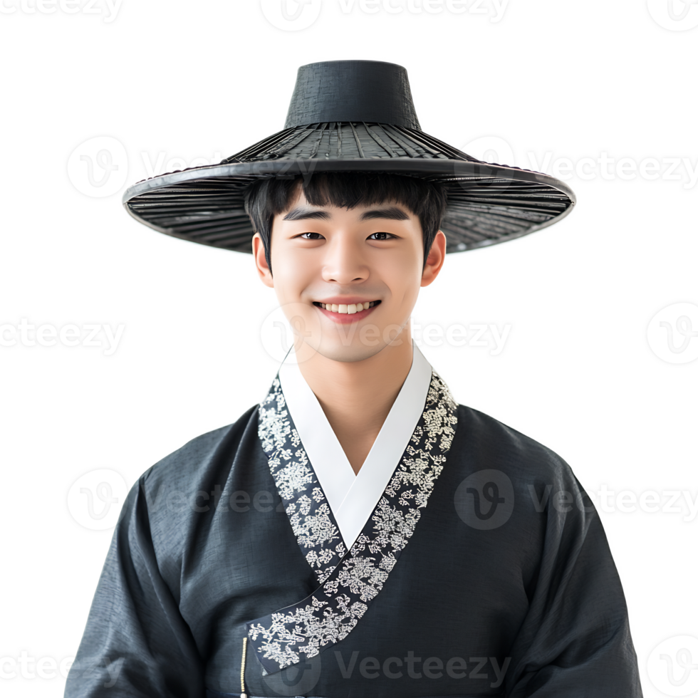 Cheerful Young Man Wearing Elegant Korean Traditional Costume Smiling at Happily png