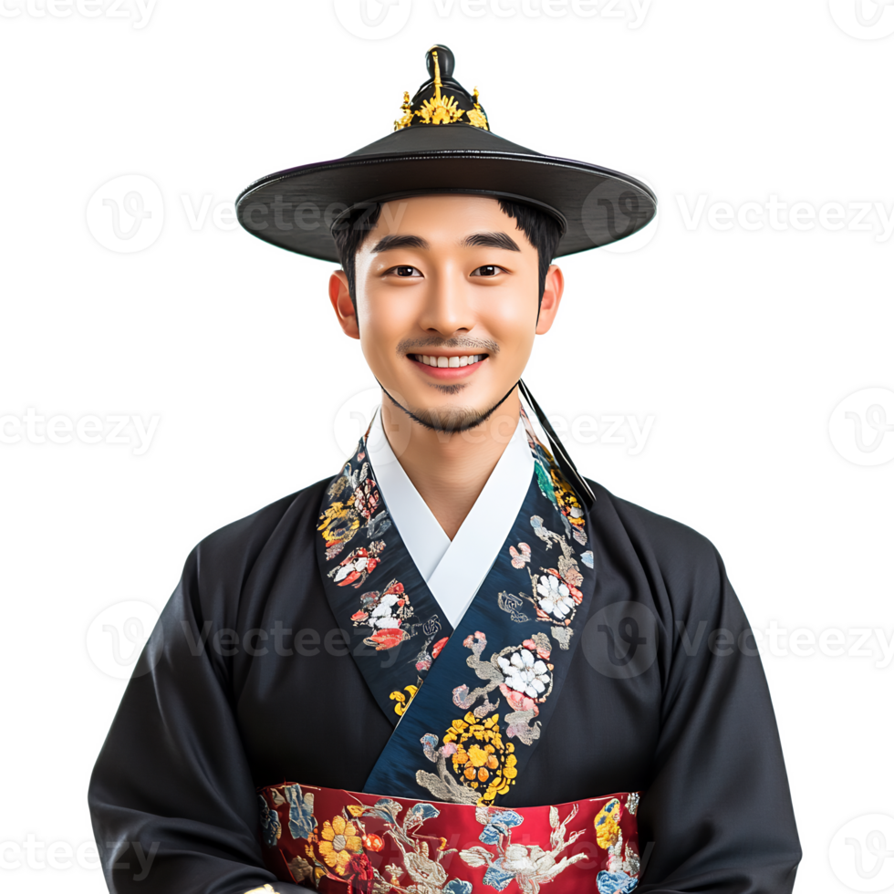 Joyful Portrait of a Young Asian Man Wearing Traditional Korean Hanbok Costume png