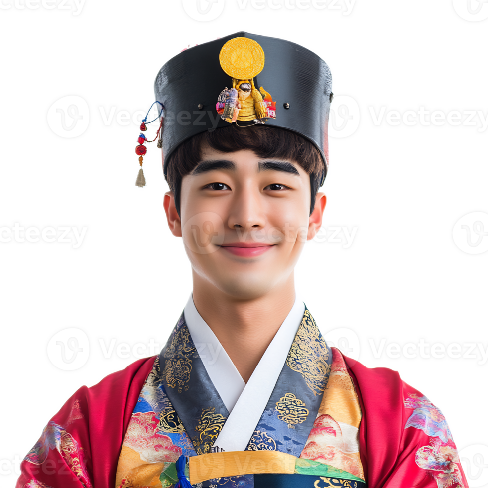 Smiling Young Man Wearing Traditional Korean Costume and Hat png