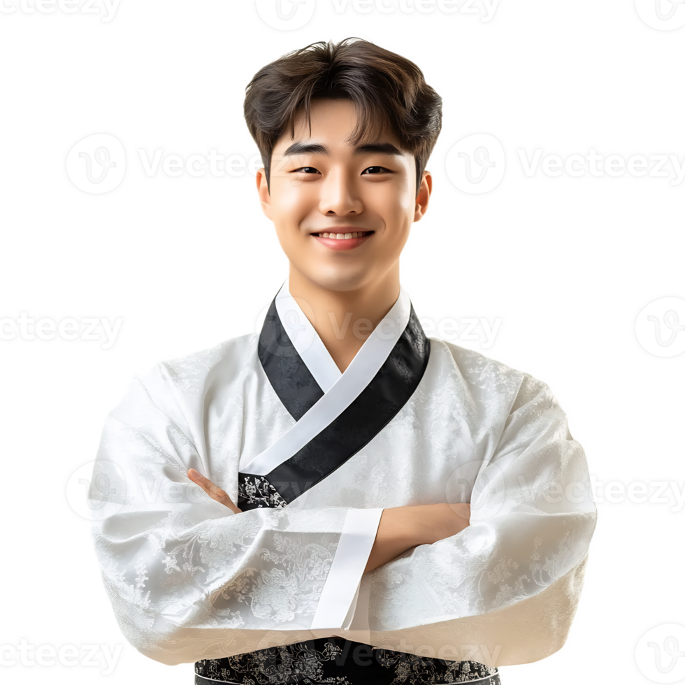 Cheerful Young Man Wearing Traditional Korean Costume Posing with Pride png