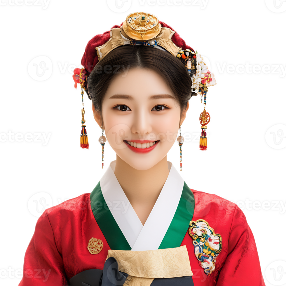 Joyful Asian Woman in Vibrant Korean Traditional Costume Smiling at png