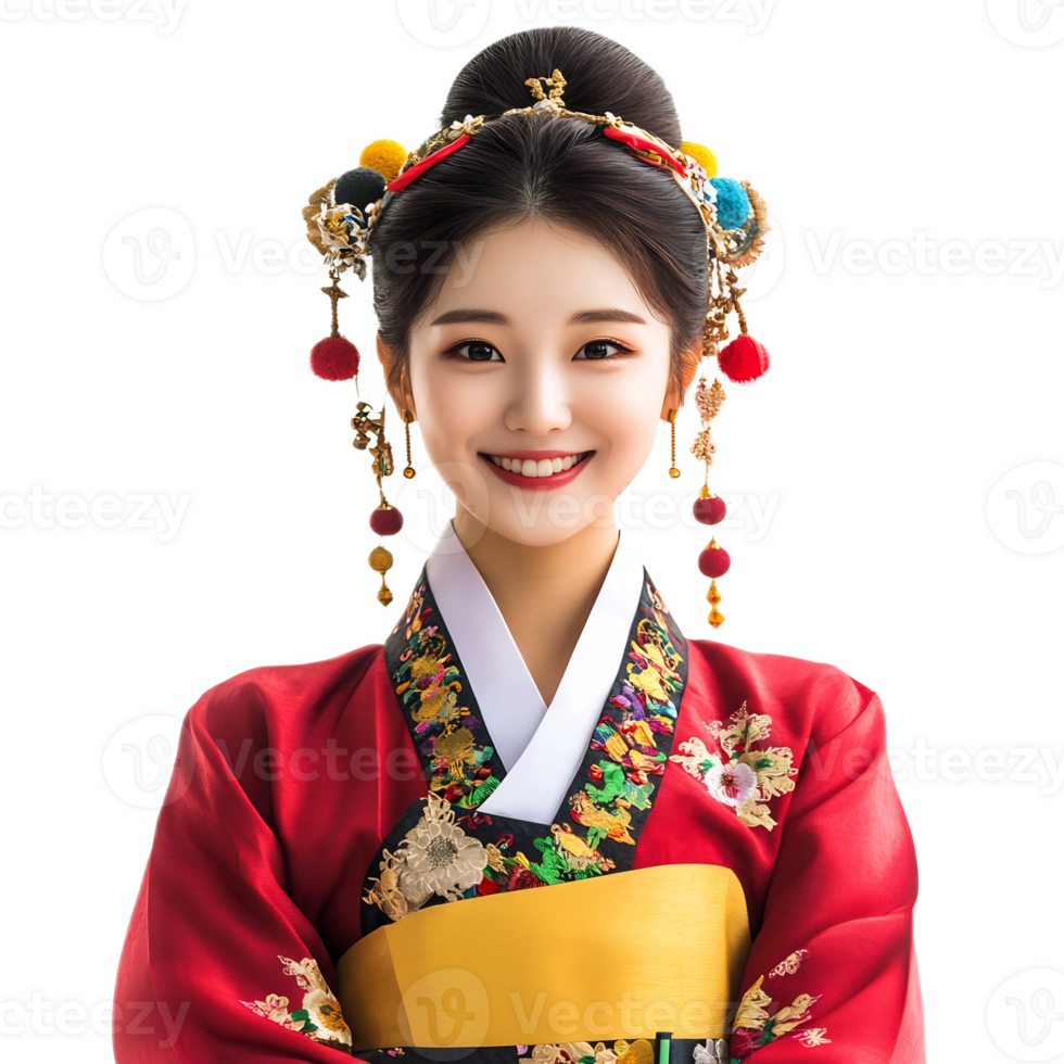 Vibrant Portrait of Joyful Asian Woman Wearing Traditional Korean Hanbok Costume png