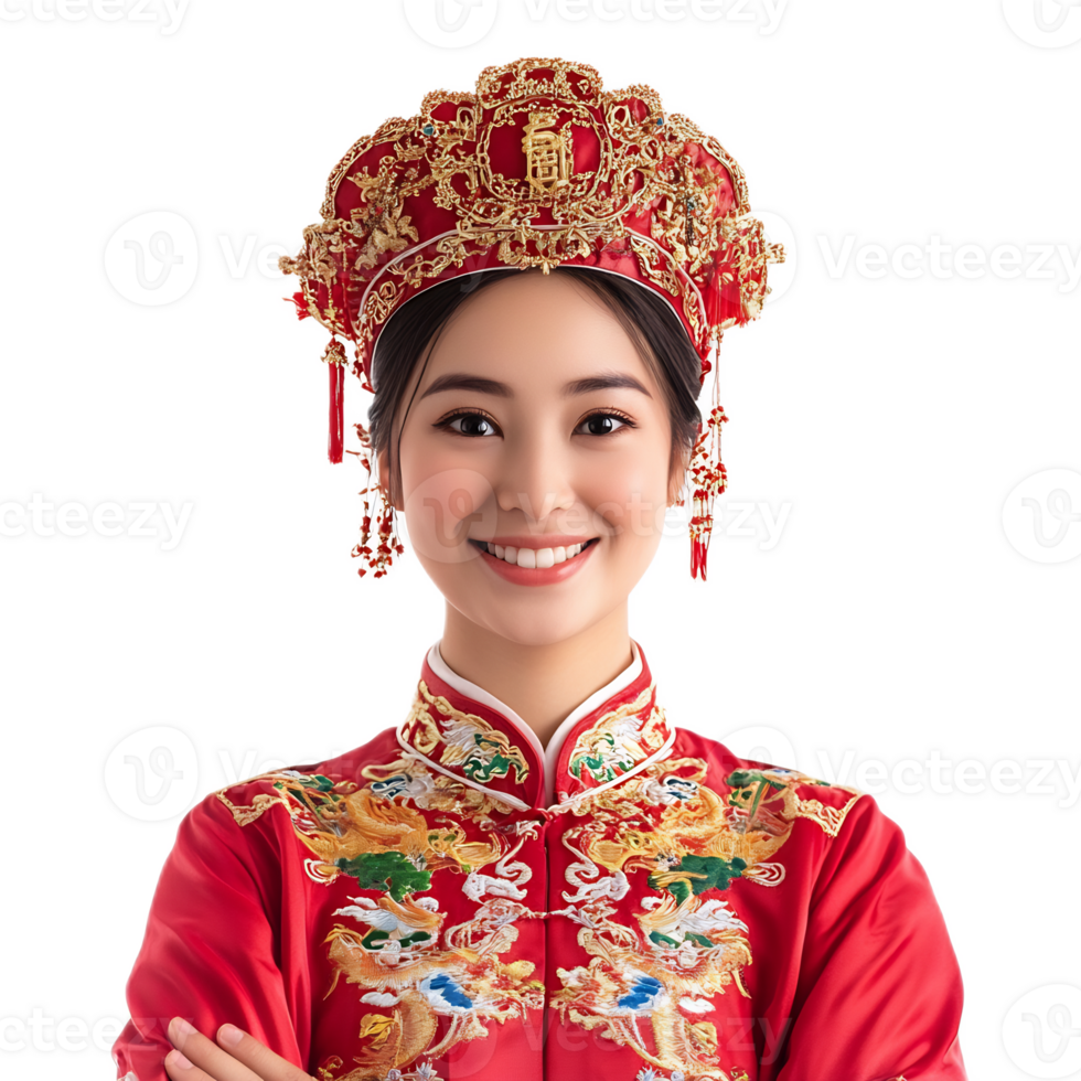 Joyful Chinese Woman in Traditional Festive Costume and Ornate Headpiece png