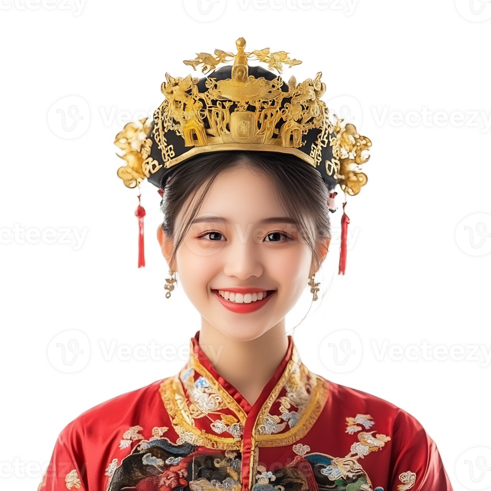 Portrait of Happy Young Chinese Woman Wearing Ornate Traditional Costume png