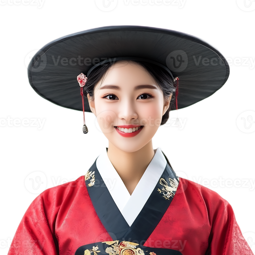 Cheerful Young Asian Woman in Traditional Korean Costume Smiling at png
