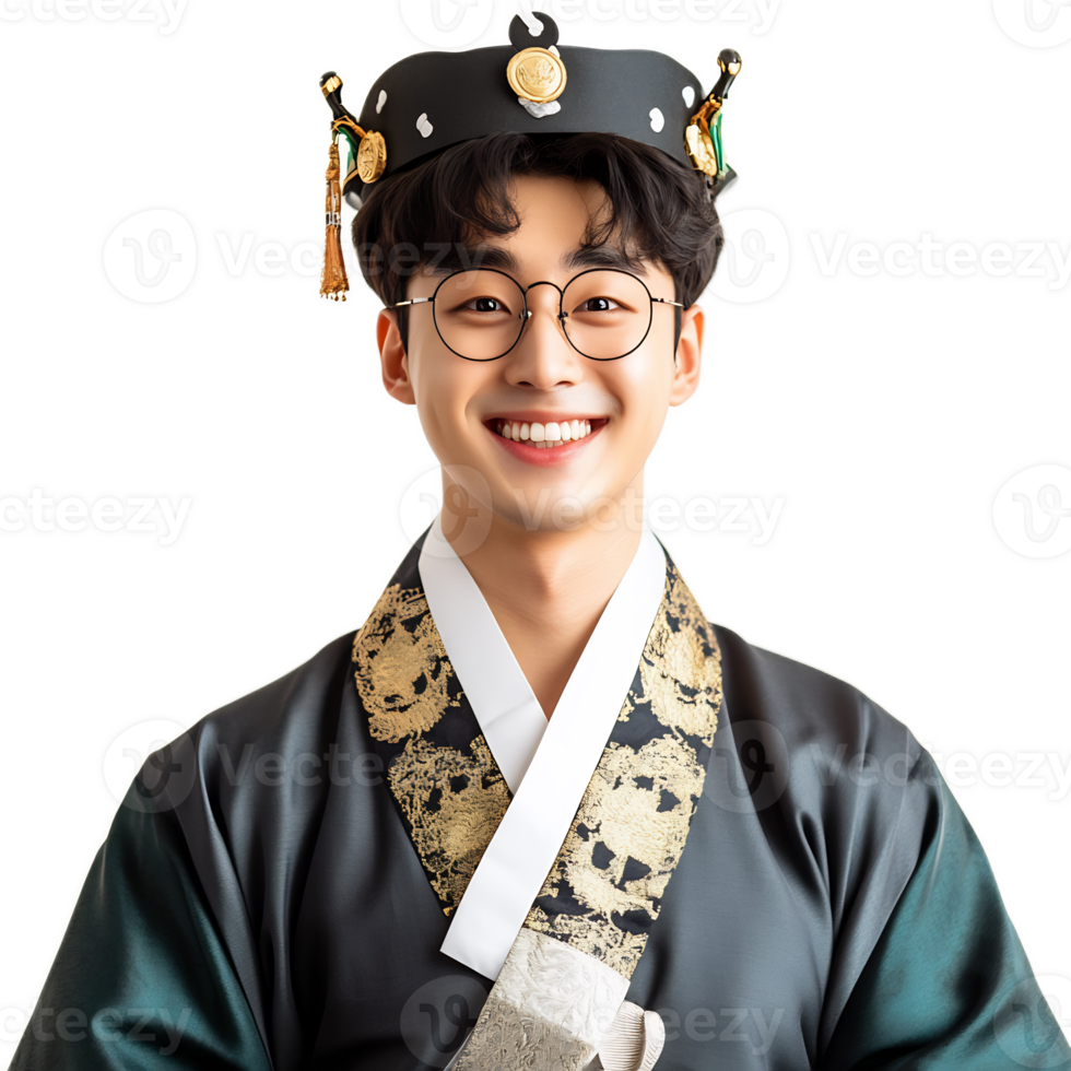 Happy Young Asian Man Wearing Vibrant Korean Traditional Costume in Studio Portrait png