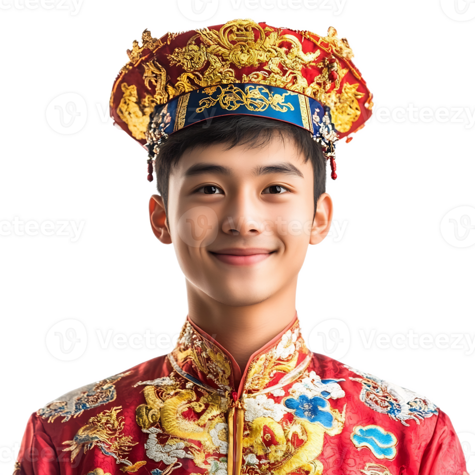 Joyful Young Chinese Man Wearing Ornate Traditional Costume and Headwear png