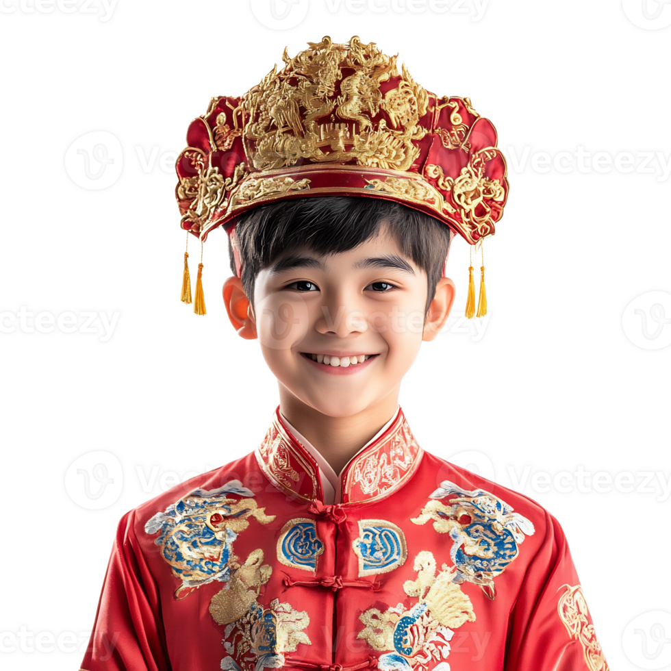 Vibrant Portrait of Young Chinese Man Wearing Colorful Traditional Costume with Ornate Crown png