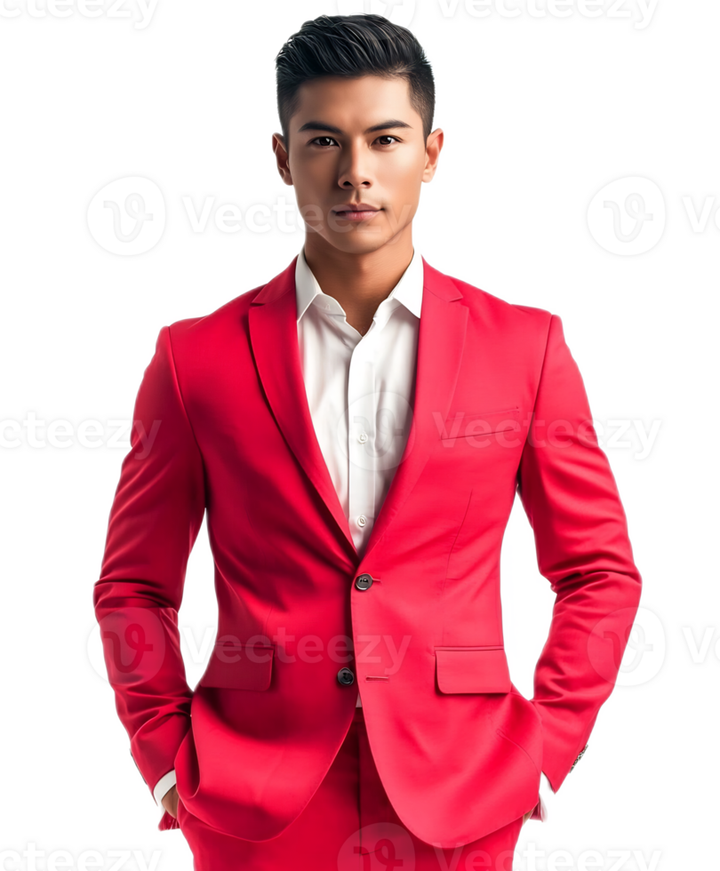 Confident Asian Male Businessman in Red Suit Posing for Corporate Portrait png