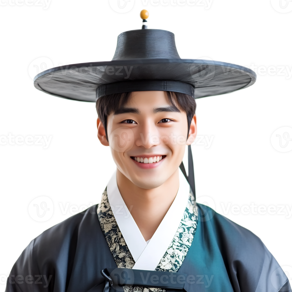 Cheerful Asian Man Wearing Traditional Korean Hanbok Costume with Smile on Isolated White Background png
