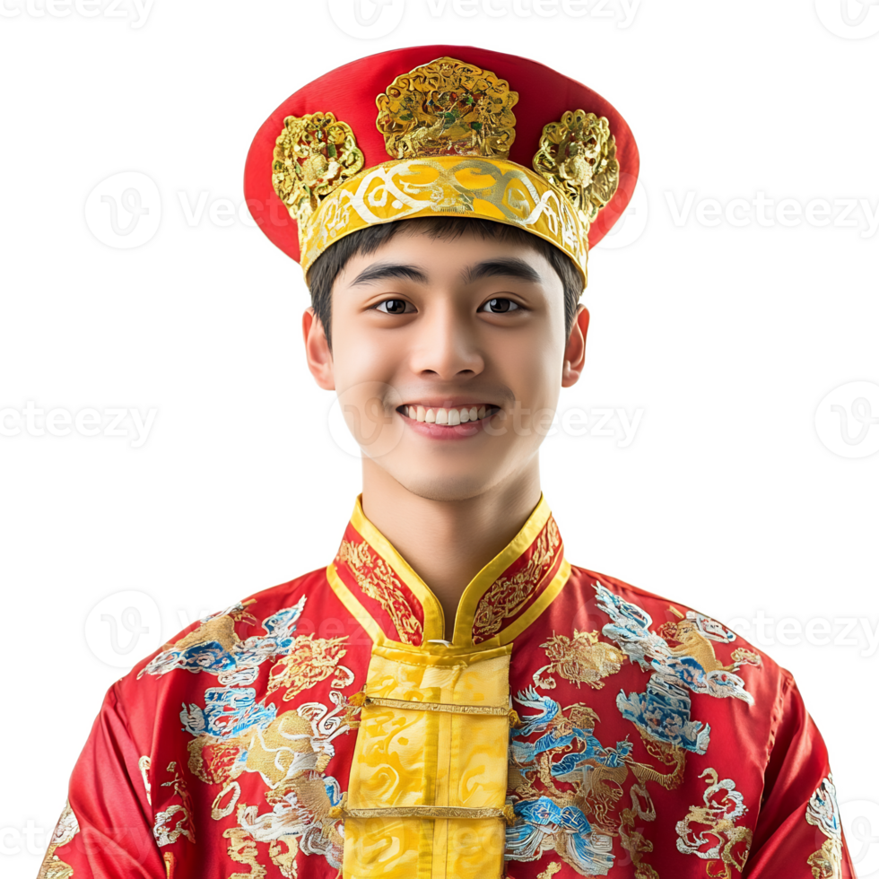 Smiling young Asian man in traditional Chinese ceremonial imperial costume png