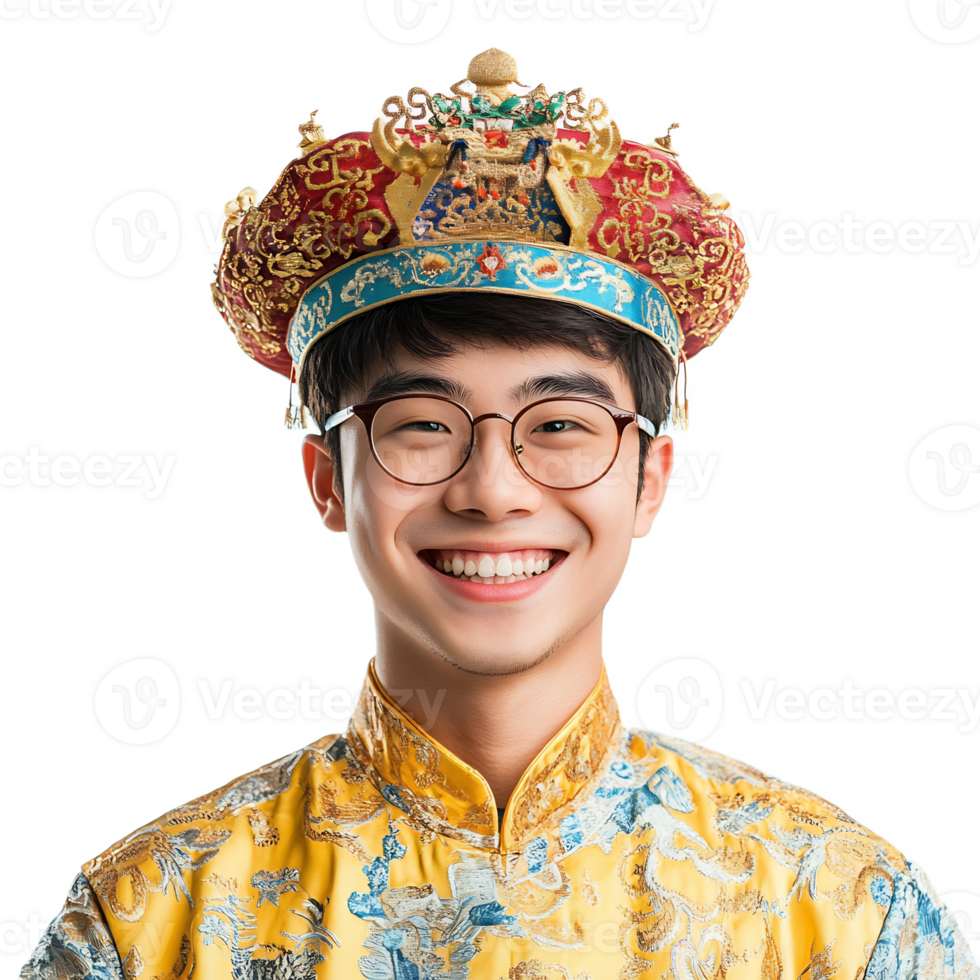 Smiling Young Man Wearing Ornate Traditional Chinese Costume and Headpiece png