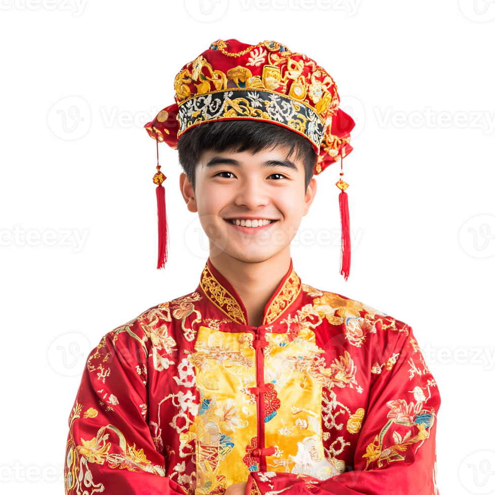 Portrait of Joyful Young Chinese Man Wearing Festive Traditional Costume png