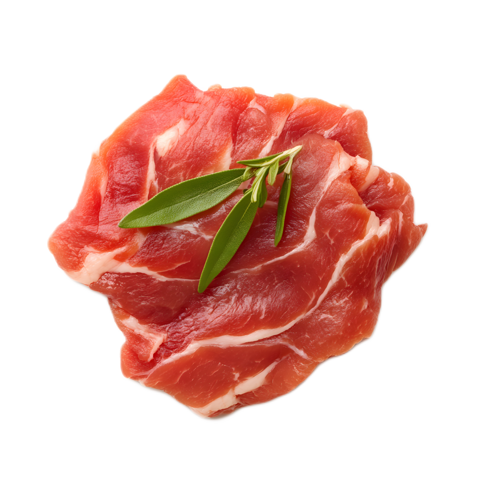 Raw Savory Red Meat Slices with Fresh Herbs on White Background png