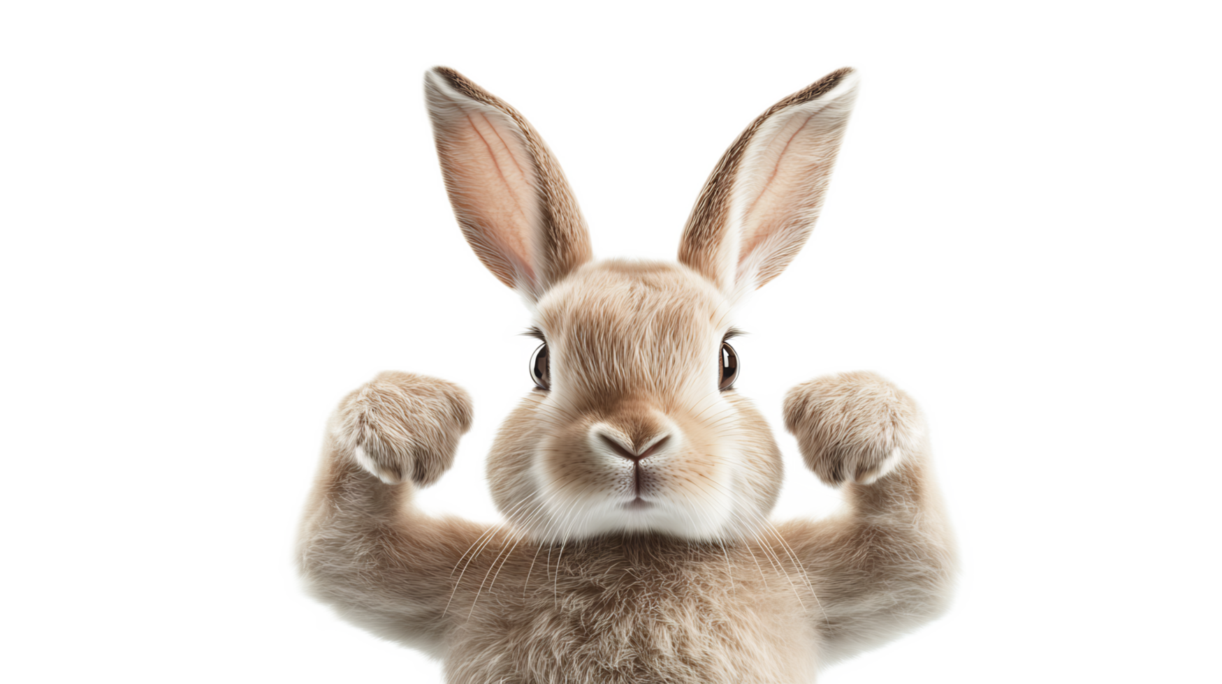 Cute Fluffy Rabbit Flexing Strong Arms in Fighting Pose on Neutral Background png