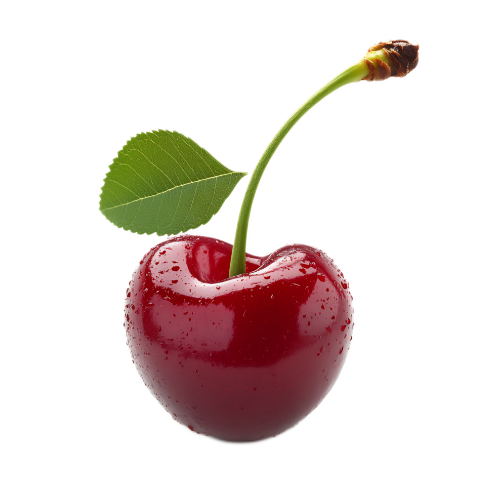 Ripe Red Cherry with Green Leaf on Smooth White Background png